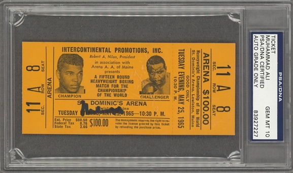 Muhammad Ali Signed Ticket From Ali-Liston II From 3/25/65 (PSA/DNA GEM MT 10)